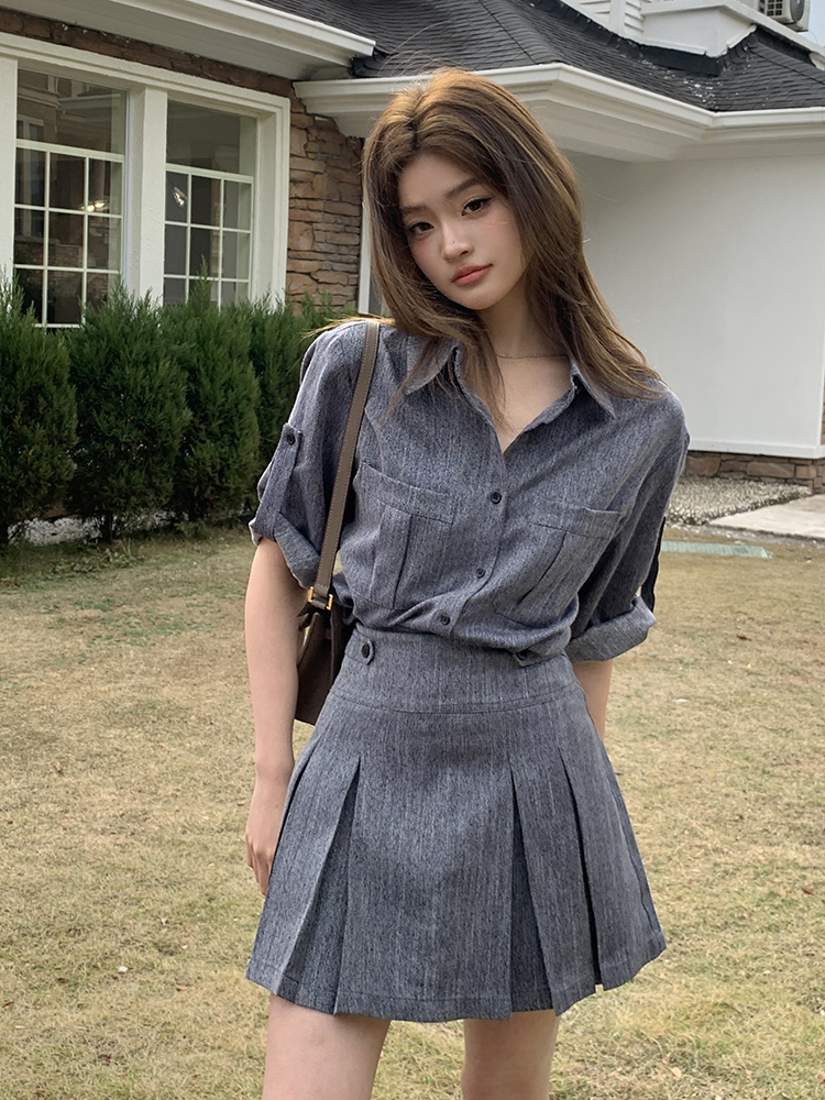 デニムセットアップ 優雅なプリーツミニセット