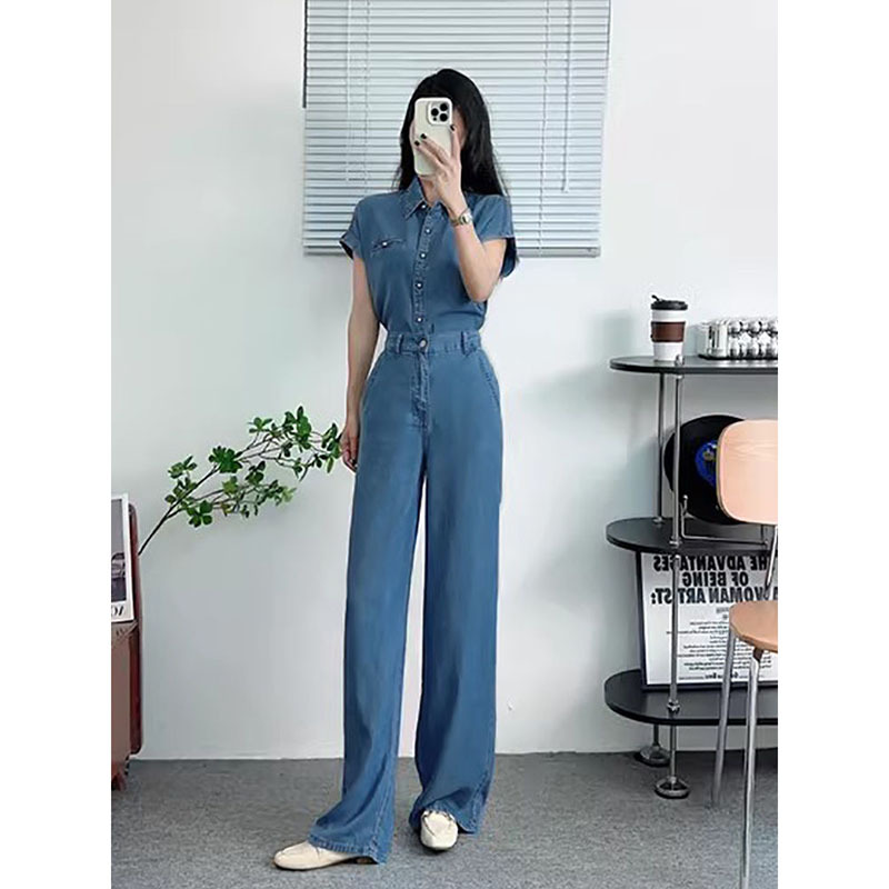 デニムセットアップ デニム半袖シャツとワイドパンツの上下セット
