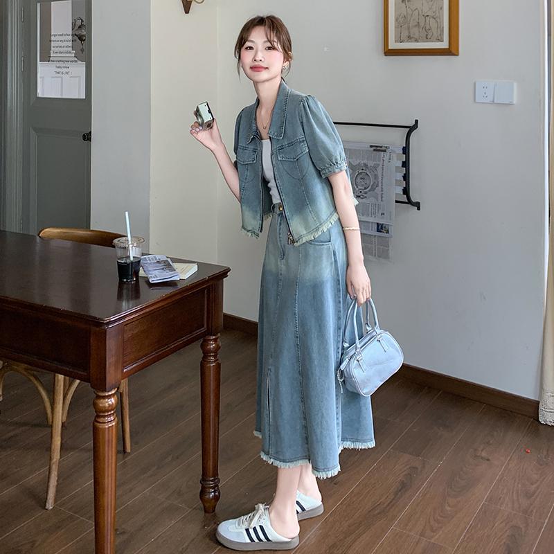 デニムセットアップ パフスリーブフリンジデニムセット
