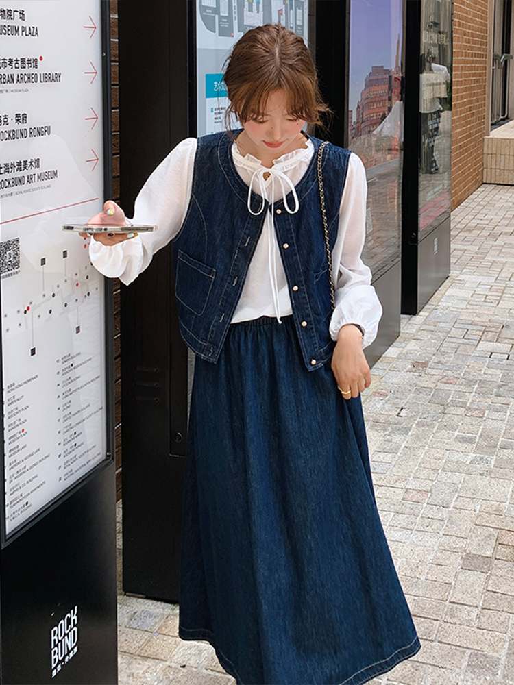 デニムセットアップ レトロ風ベスト付きロングスカート