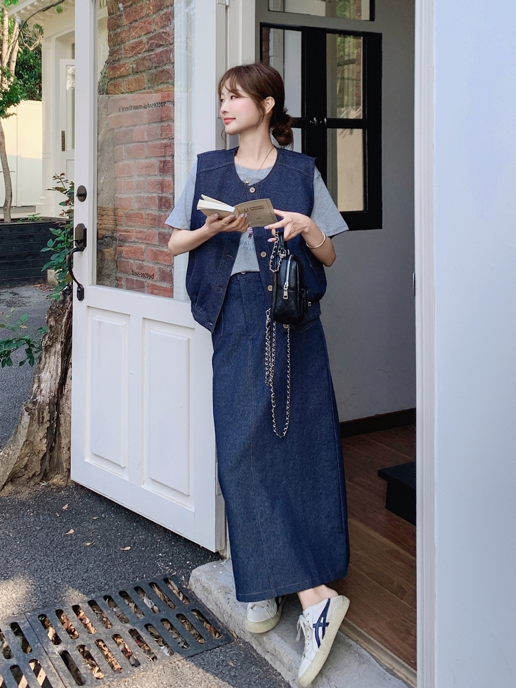 デニムセットアップ ベスト付きロングスカートセット