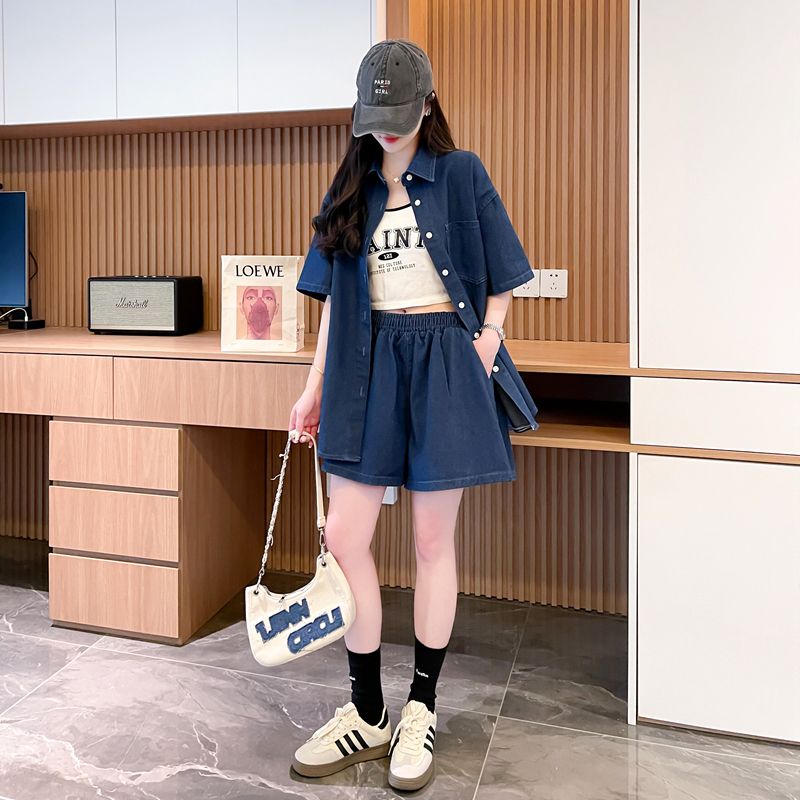 デニムセットアップ ゆったりデニムシャツとショートパンツセット