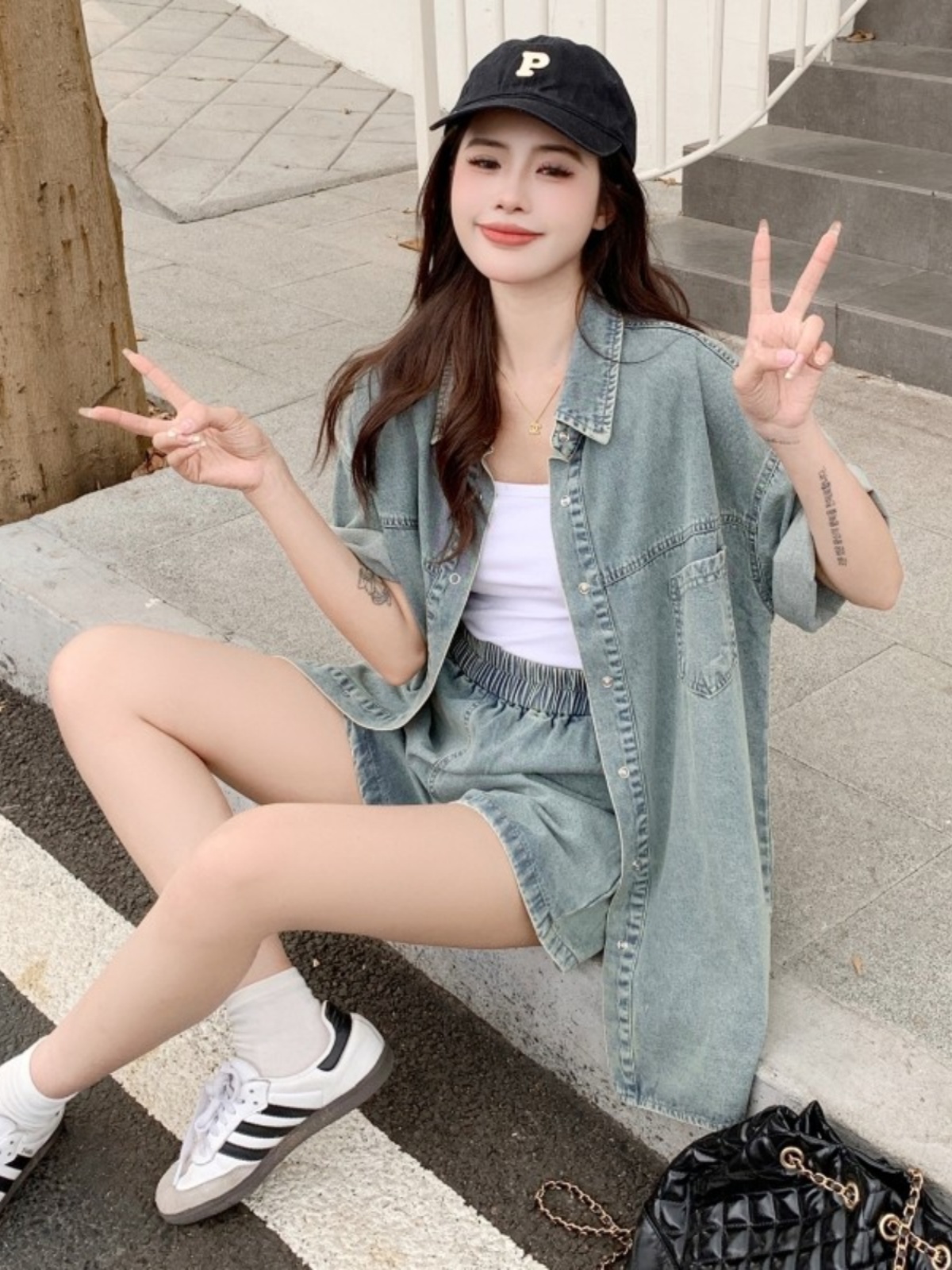 デニムセットアップ ゆったりデニムシャツセットアップ