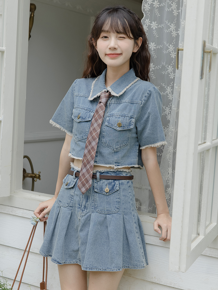 デニムセットアップ レトロ学園風ネクタイ付きセットアップ