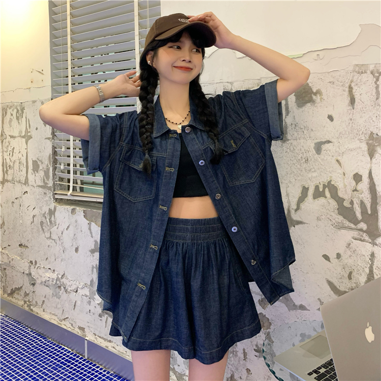 デニムセットアップ ゆったりシルエット 半袖ショートセット