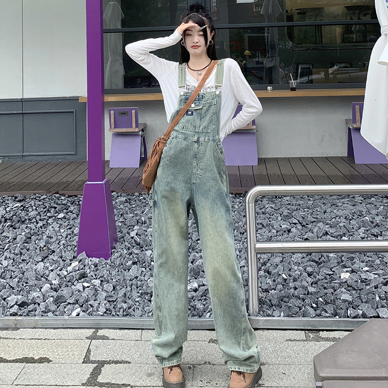 デニムセットアップ ヴィンテージ風デニムサロペットワイドパンツ