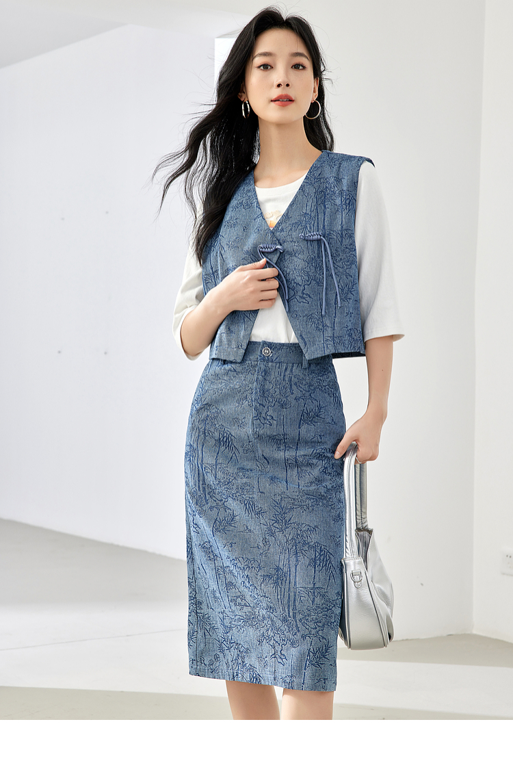 デニムセットアップ 草木模様入り織物ベスト付きスカートセット
