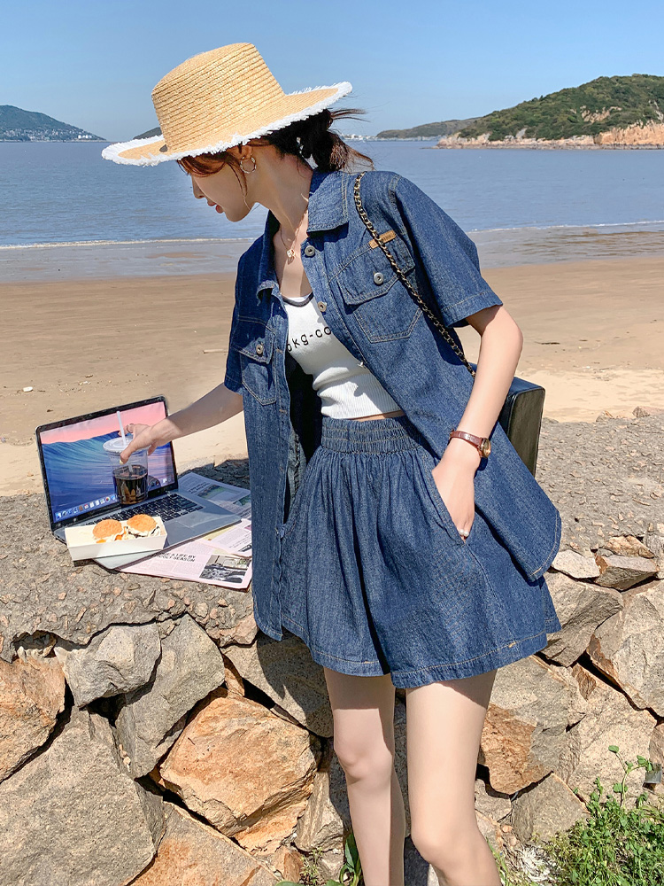 デニムセットアップ リゾート風ゆったりデニムセット