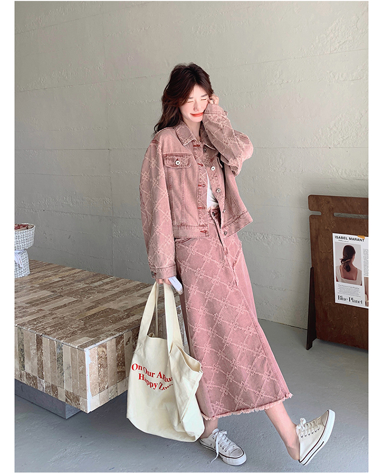 デニムセットアップ 刺繍模様ジャケット＆ロングスカート