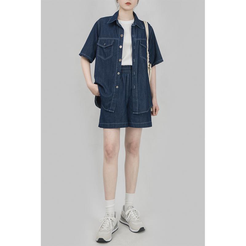 デニムセットアップ 半袖シャツとショートパンツの上下セット