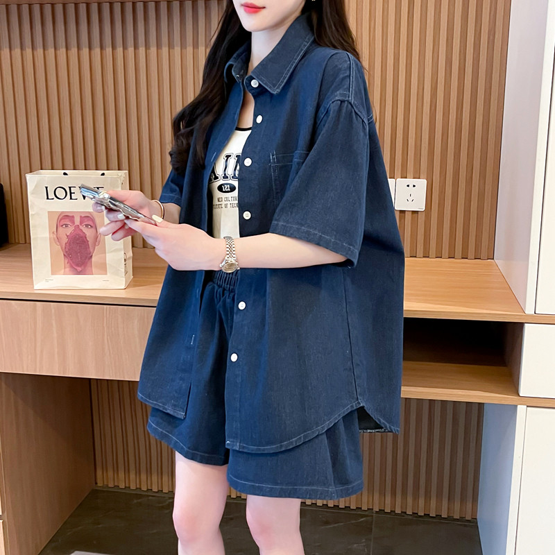 デニムセットアップ デニム半袖シャツとショートパンツの上下セット