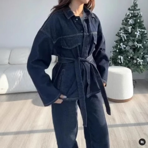 デニムセットアップ ベルト付きワイドシルエット上下セット