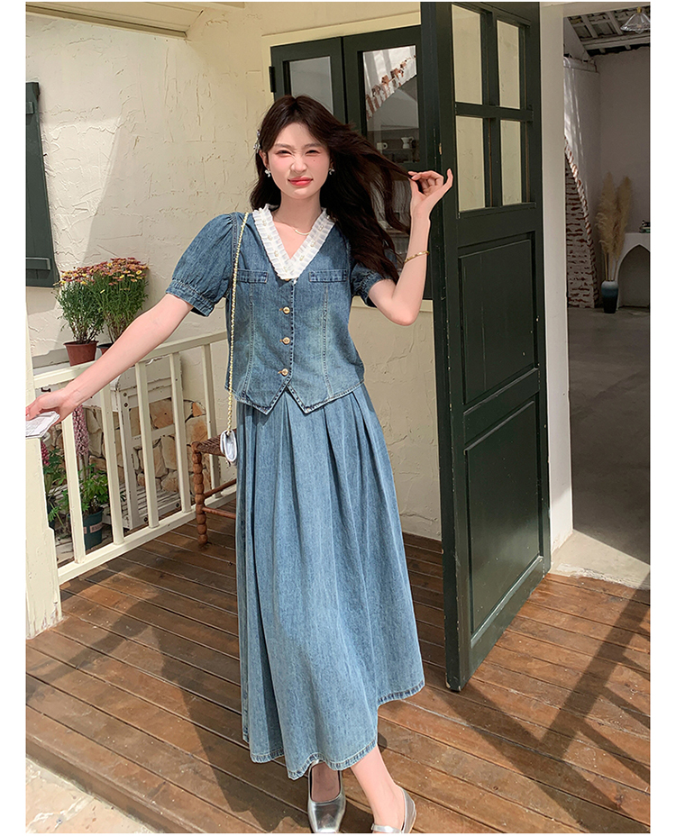 デニムセットアップ パフスリーブ優美スカートセット
