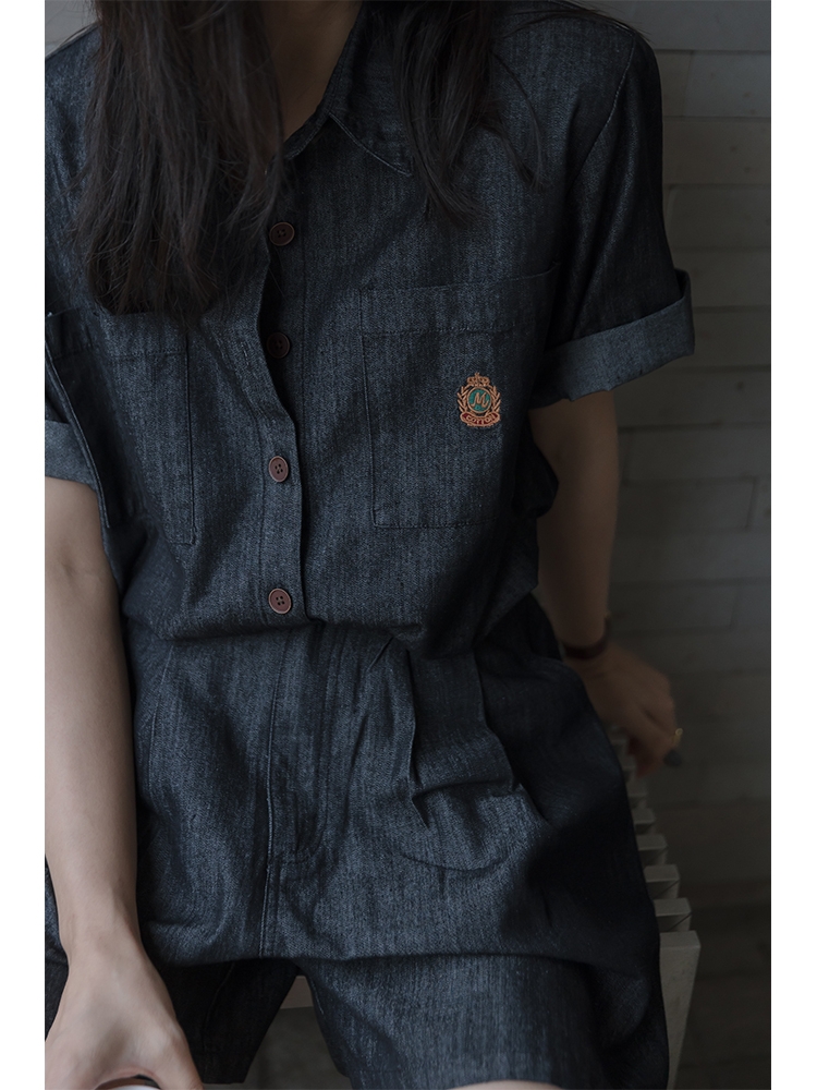 デニムセットアップ 刺繍入り半袖デニムセットアップ