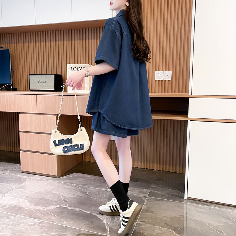 デニムセットアップ ゆったりデニムシャツとショートパンツセット