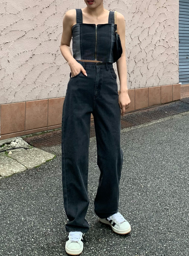 デニムセットアップ フロントジッパービスチェパンツセット