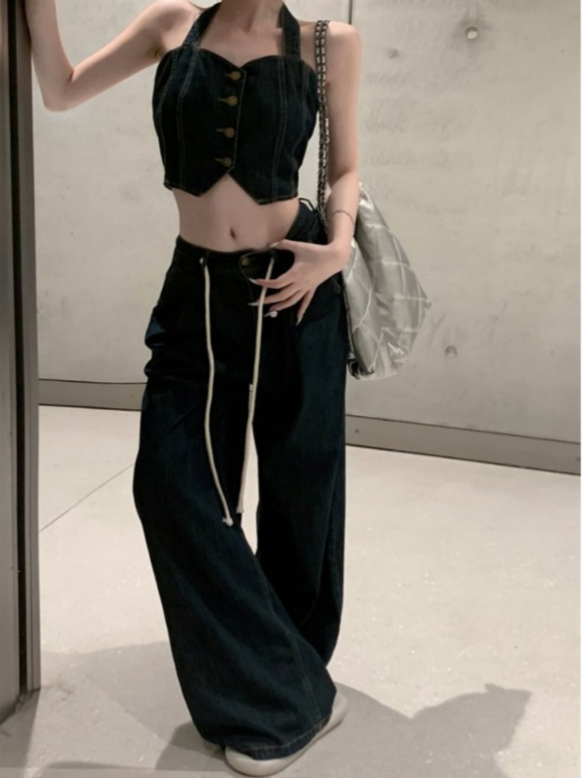デニムセットアップ ホルターネックビスチェワイドパンツセット