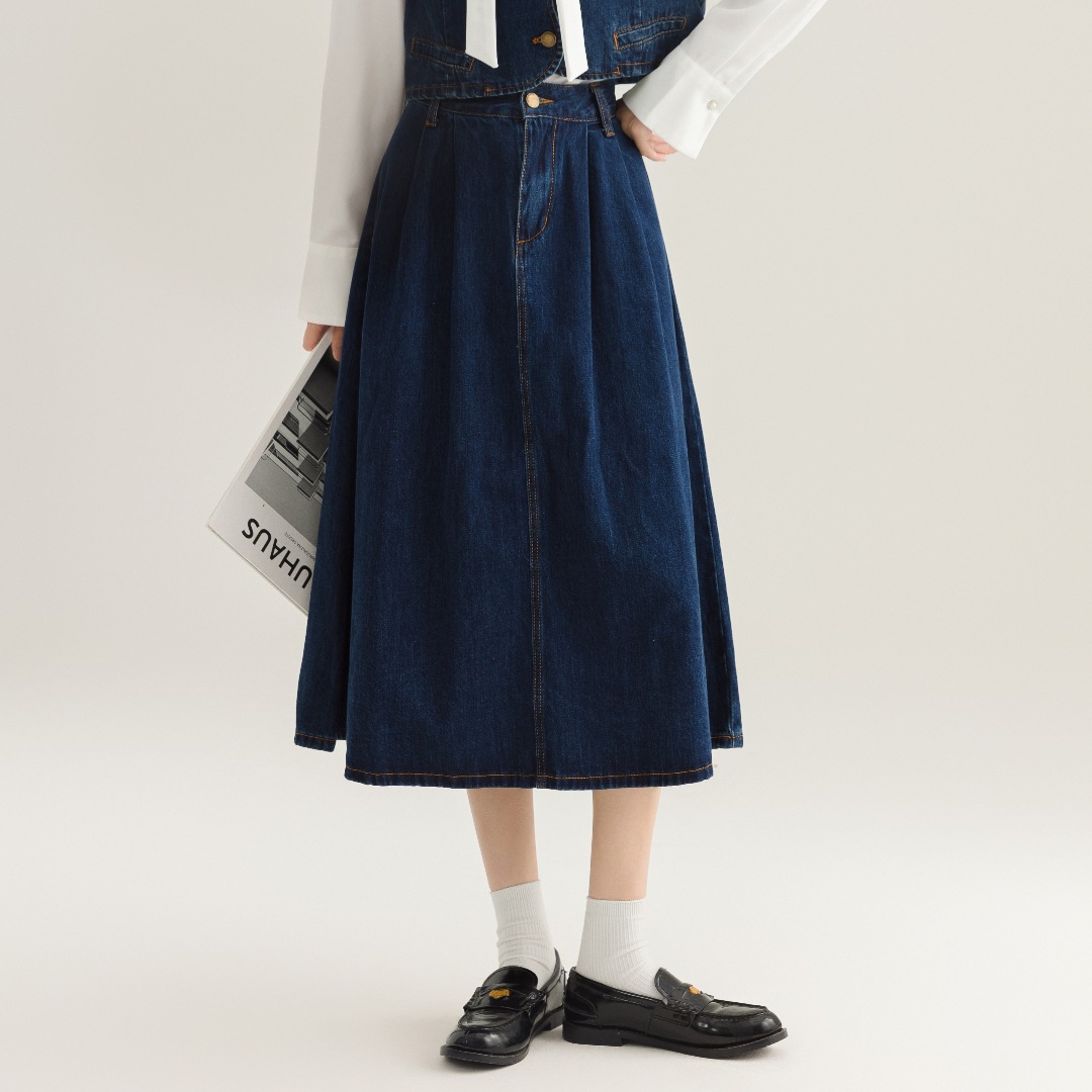 デニムセットアップ リボン付きベスト×フレアスカート