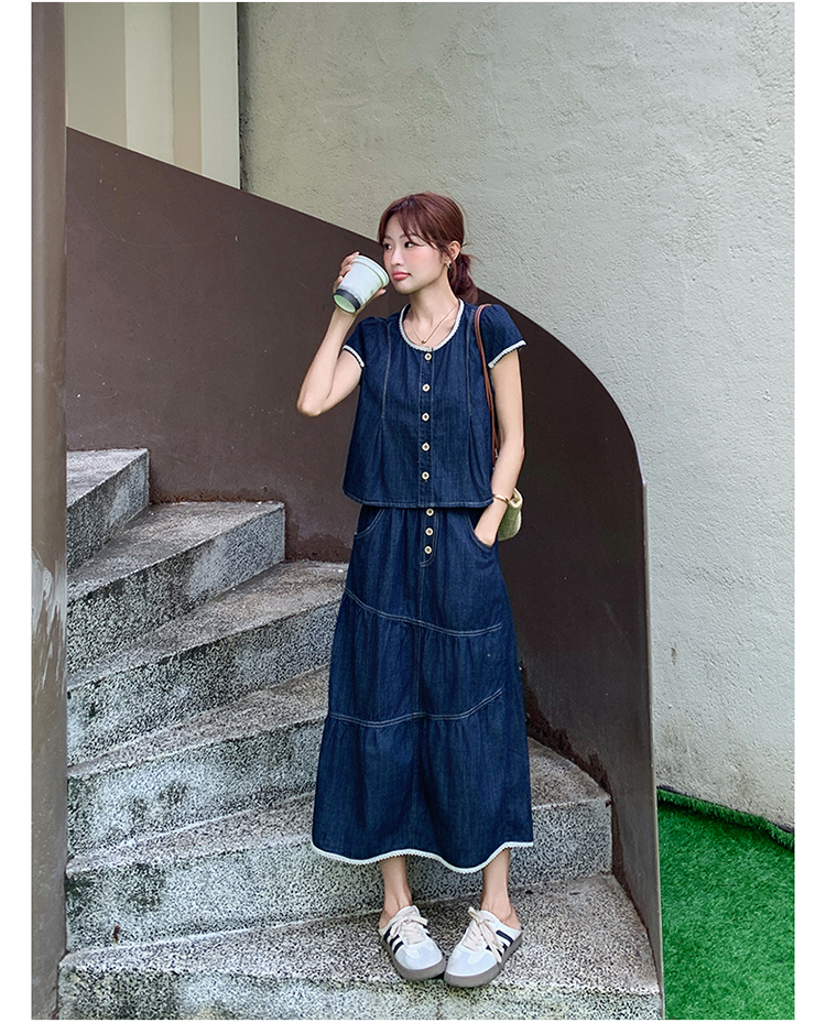 デニムセットアップ レース縁取りティアードスカートセット