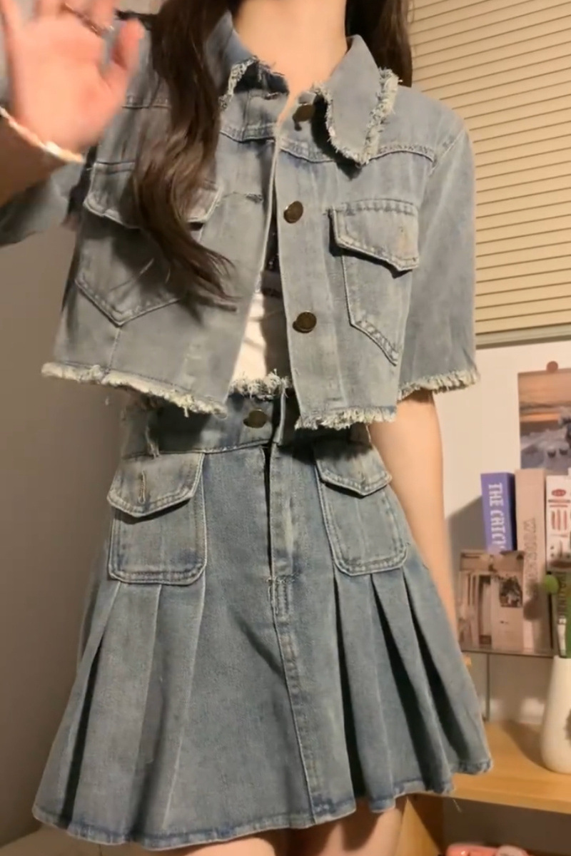 デニムセットアップ 裾フリンジ ショート丈セットアップ