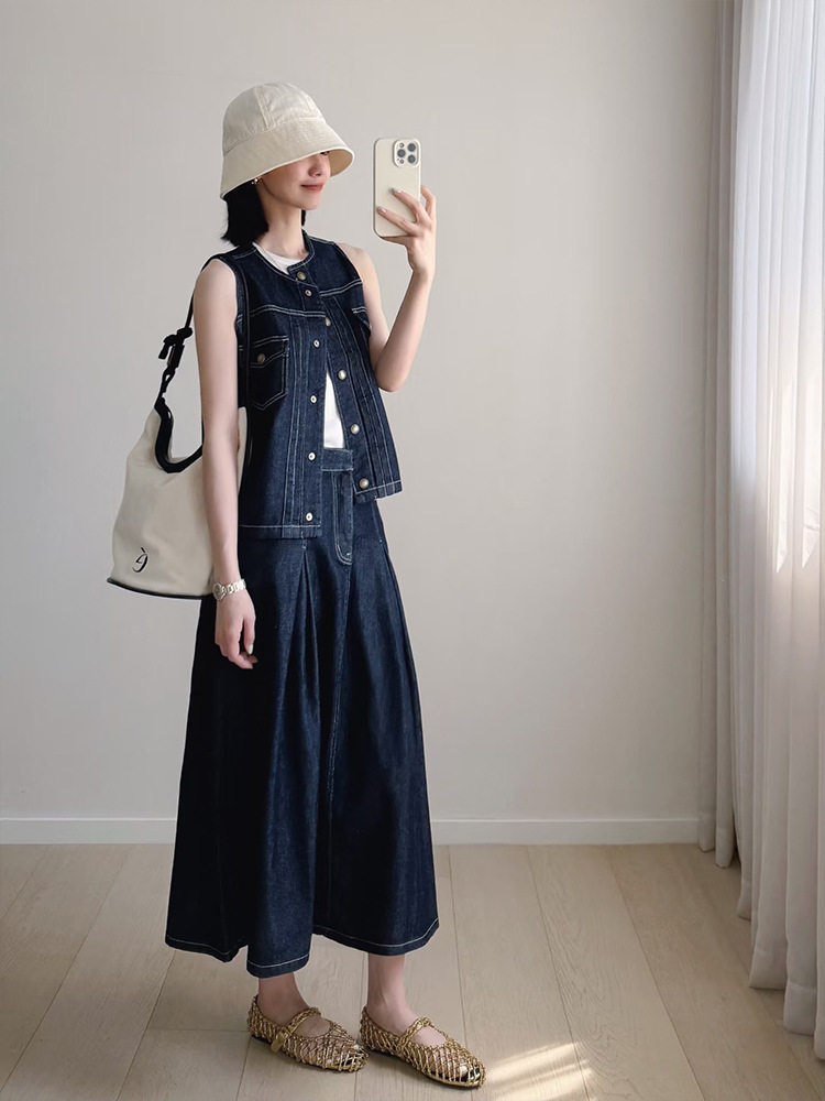 デニムセットアップ ノースリーブベスト×ロングスカート