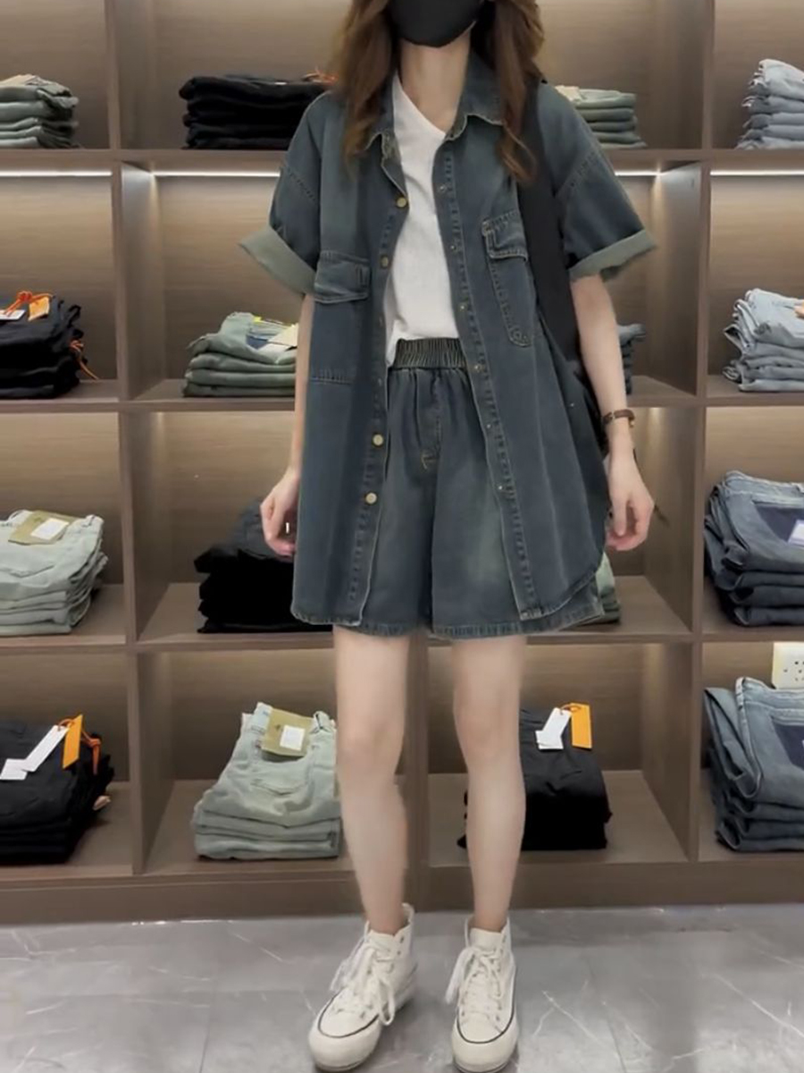 デニムセットアップ ゆったり半袖デニムシャツセット