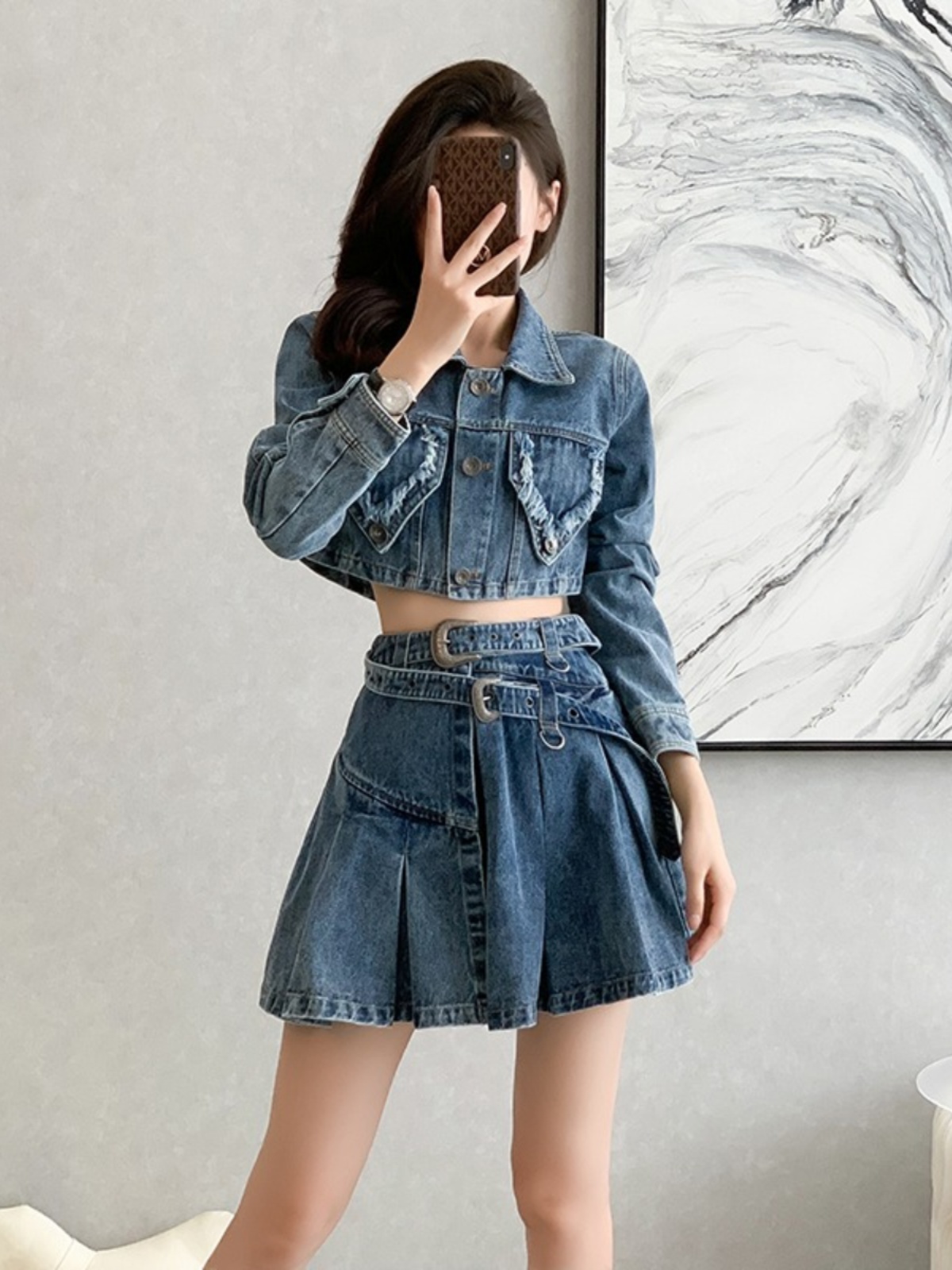 デニムセットアップ クロップド丈ジャケット×プリーツスカート