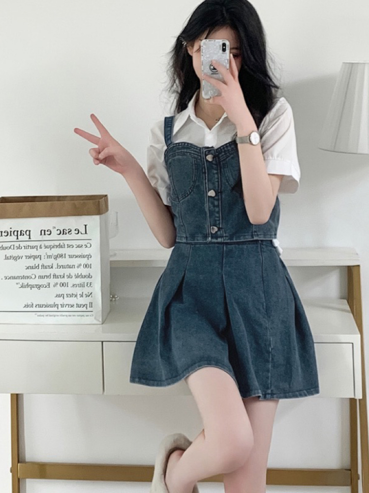 デニムセットアップ 胸元ポケット付きデニムワンピースセット