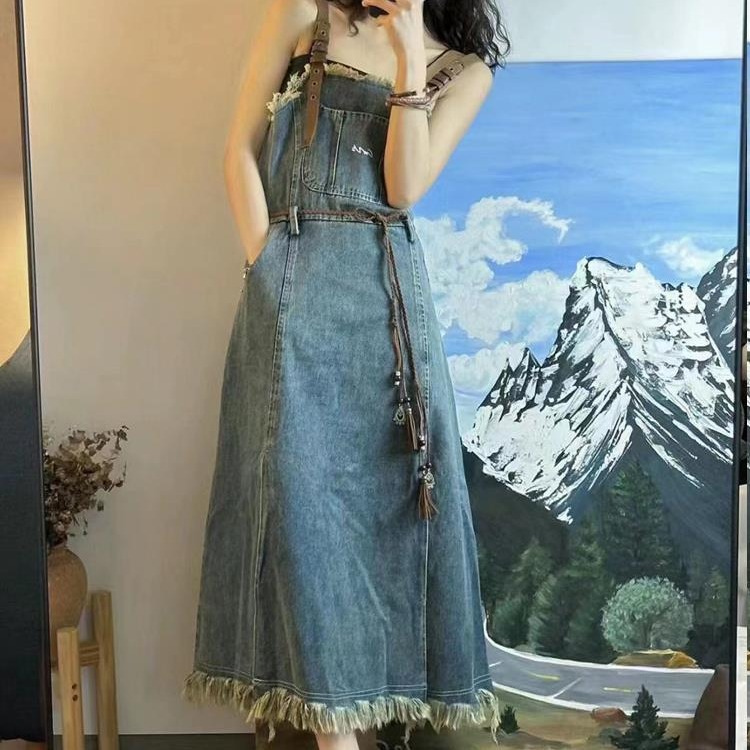 デニムセットアップ デニム吊りスカートフリンジロングワンピース
