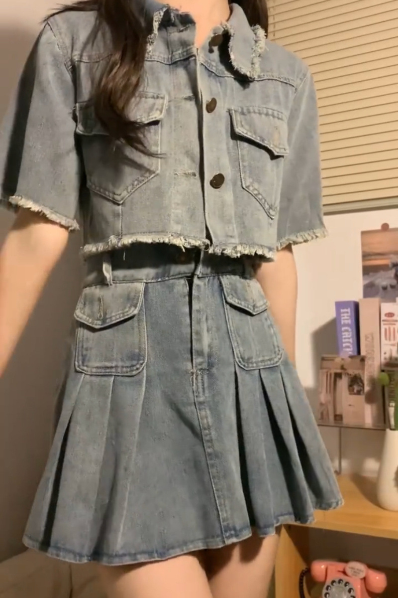 デニムセットアップ 裾フリンジ ショート丈セットアップ