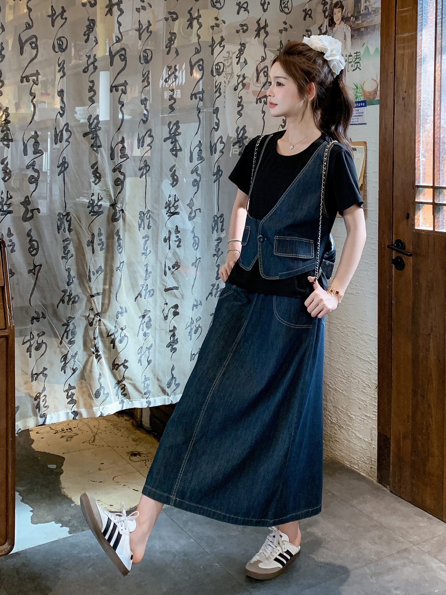 デニムセットアップ レトロベスト＆ロングスカートセット
