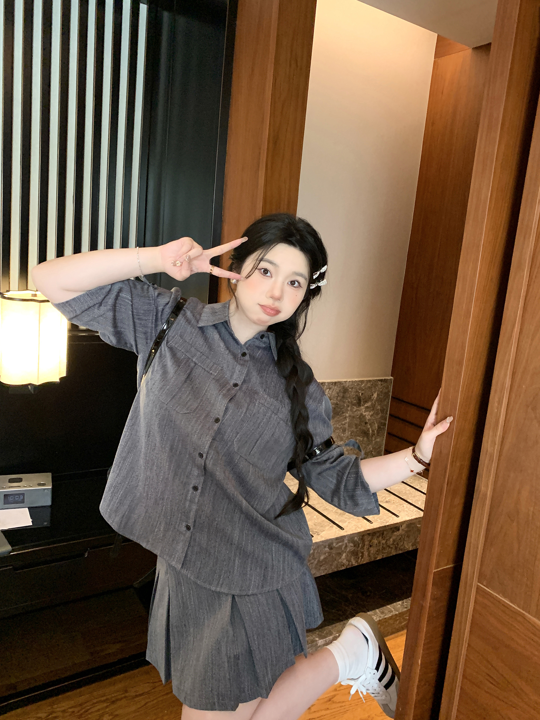 デニムセットアップ クラシカルプリーツ シャツスカートセット