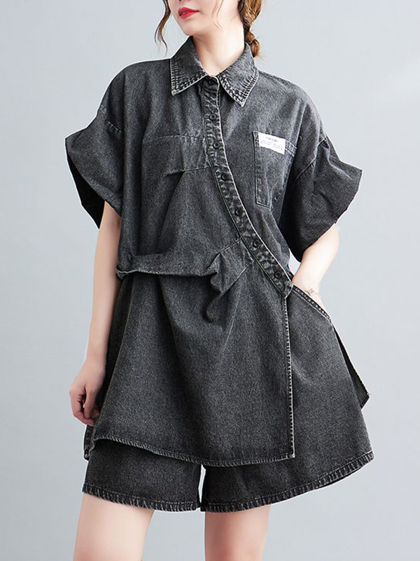 デニムセットアップ ゆったりデザイン斜めボタンシャツセット