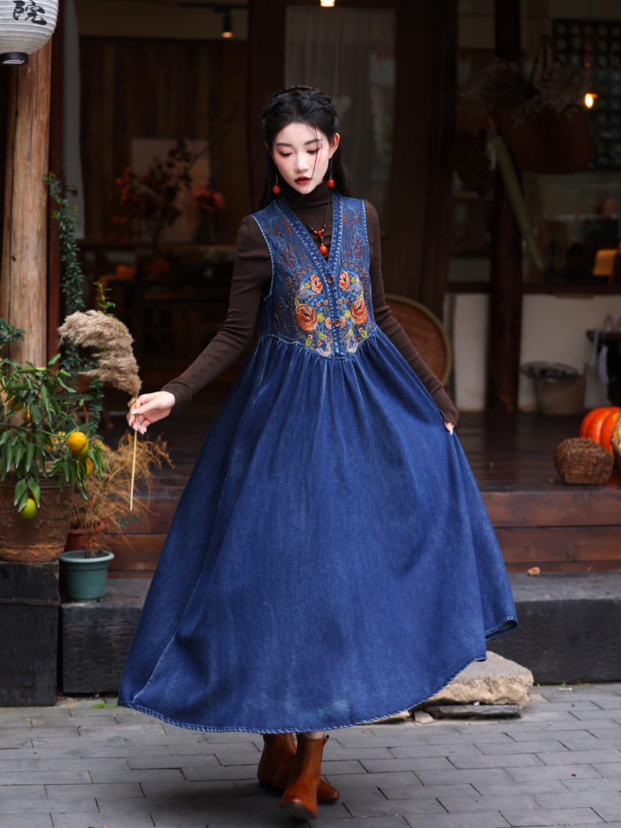 デニムセットアップ 花柄刺繍デニムノースリーブロングワンピース