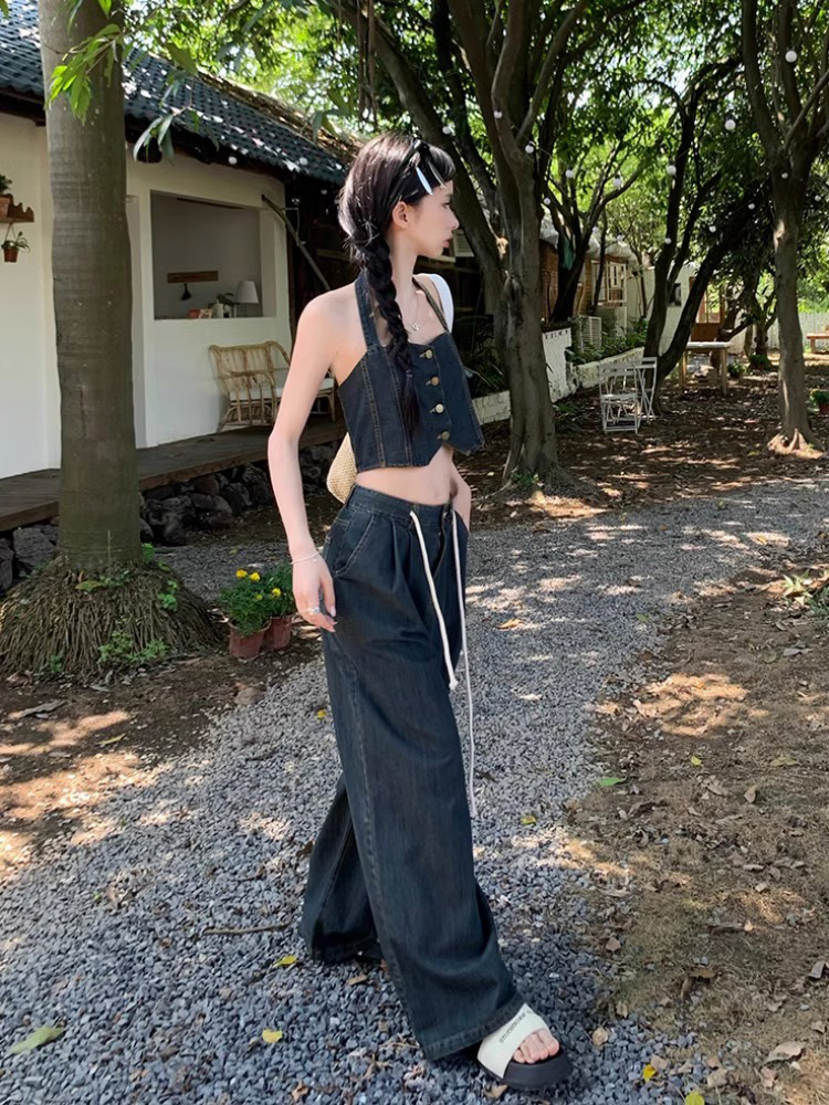 デニムセットアップ ビスチェ風トップス ゆったりパンツ 上下組