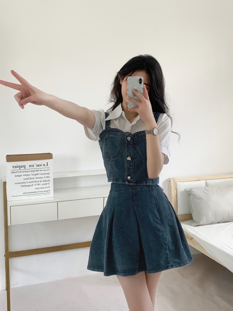 デニムセットアップ 胸元ポケット付きデニムワンピースセット
