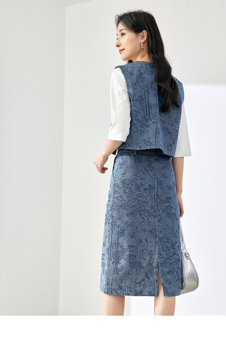 デニムセットアップ 草木模様入り織物ベスト付きスカートセット