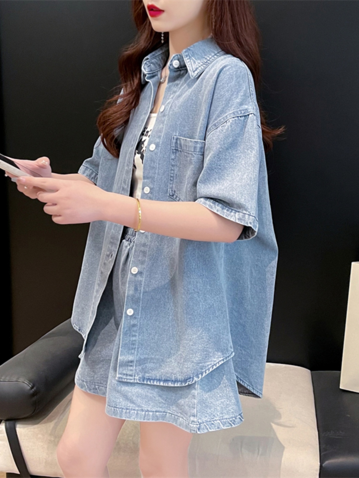 デニムセットアップ ゆったり半袖デニム上下セット