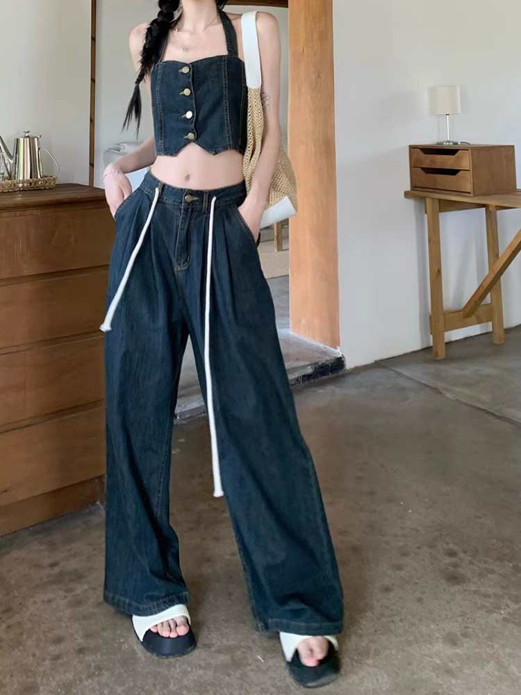 デニムセットアップ ビスチェ風トップス ゆったりパンツ 上下組