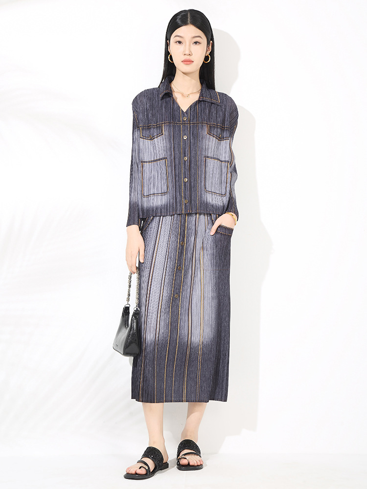 デニムセットアップ プリーツ風デニム柄シャツ＆ロングスカートセット