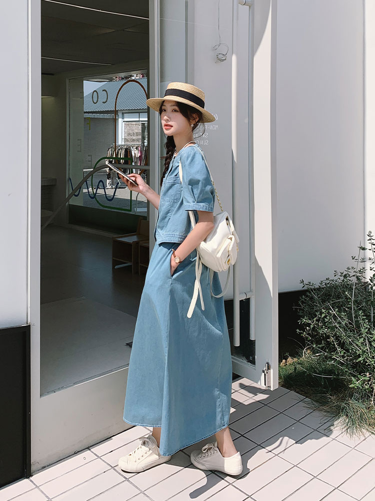 デニムセットアップ パフスリーブ上品デニム二点セット