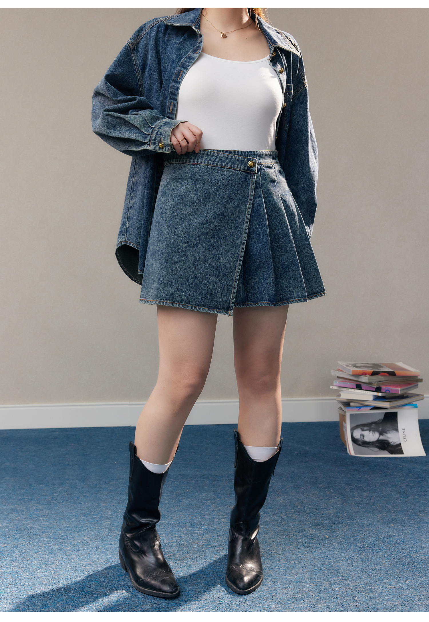 デニムセットアップ ゆったりシルエット プリーツスカートセット