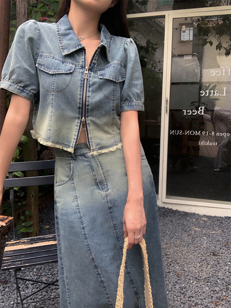 デニムセットアップ フリンジ裾クロップド上下セット