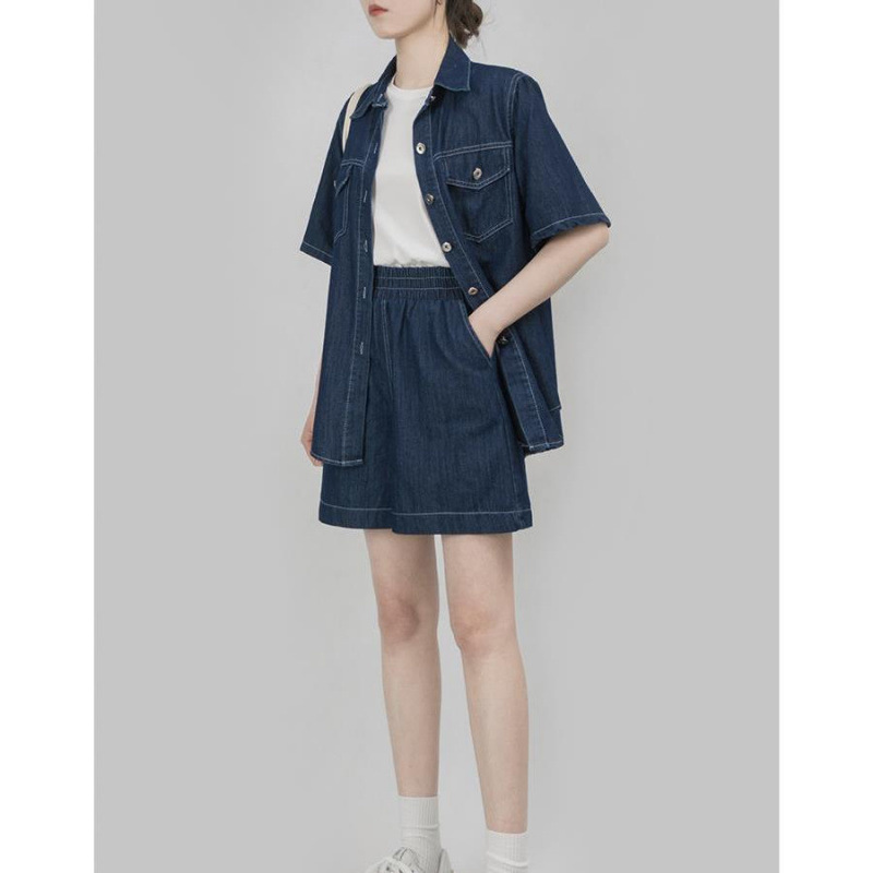 デニムセットアップ ゆったり半袖シャツ×ショートパンツセット