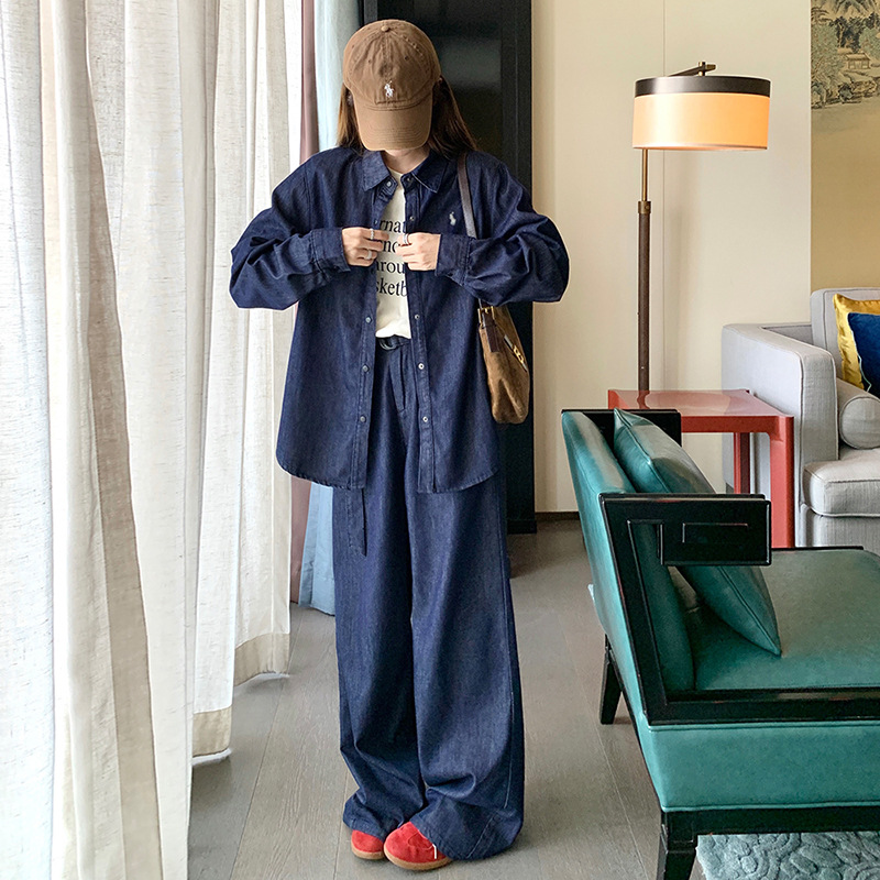 デニムセットアップ デニム素材ゆったりシャツとワイドパンツの上下セット