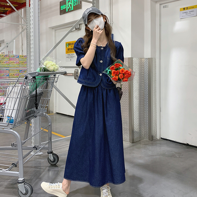 デニムセットアップ パフスリーブ付きデニム上下セット