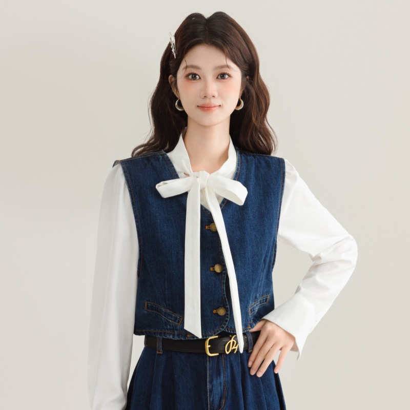 デニムセットアップ リボン付きベスト×フレアスカート
