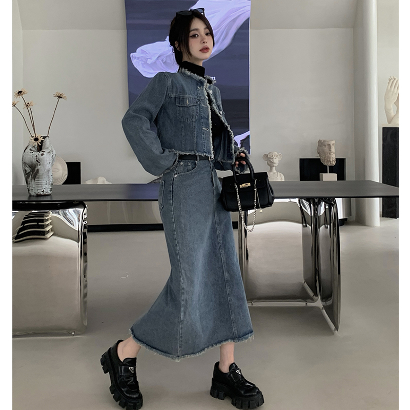 デニムセットアップ クラシカルショートジャケット＆ロングスカート