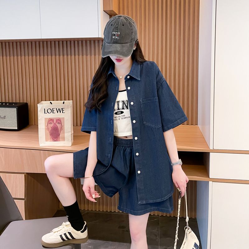デニムセットアップ ゆったりデニムシャツとショートパンツセット
