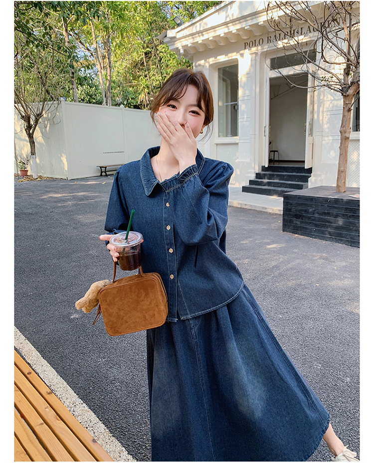 デニムセットアップ 花モチーフ付きラウンドカラー上品セット
